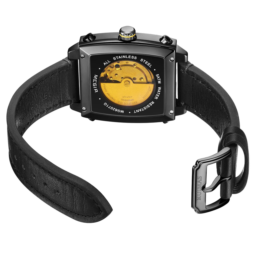MEGIR 62071 Men's Waterproof Business Casual Leather Strap Automatic Mechanical Watch Tonneau Case Charm Wristwatch Montre Homme