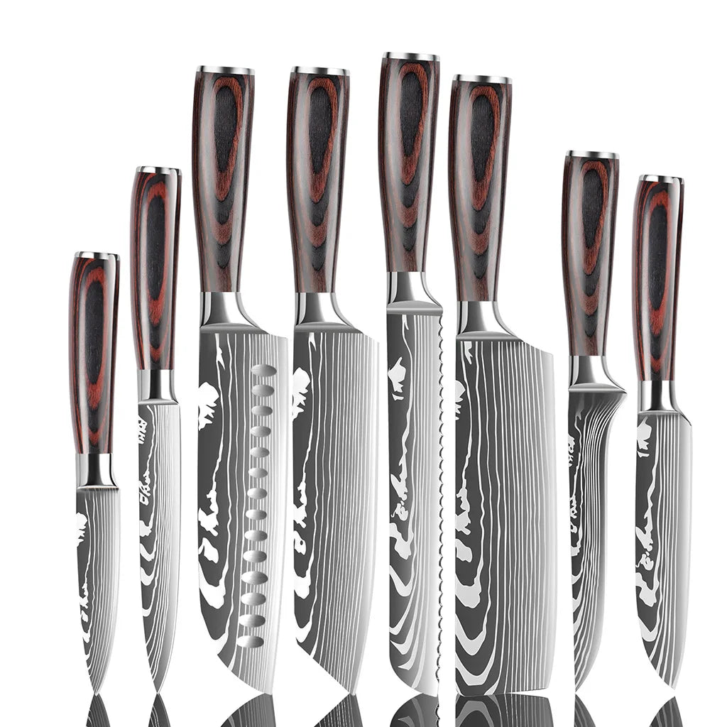 8-Piece Premium Stainless Steel Kitchen Knife Set Wood Pakka Santoku Nakiri Slicing Utility OEM Boning Slicer Knives