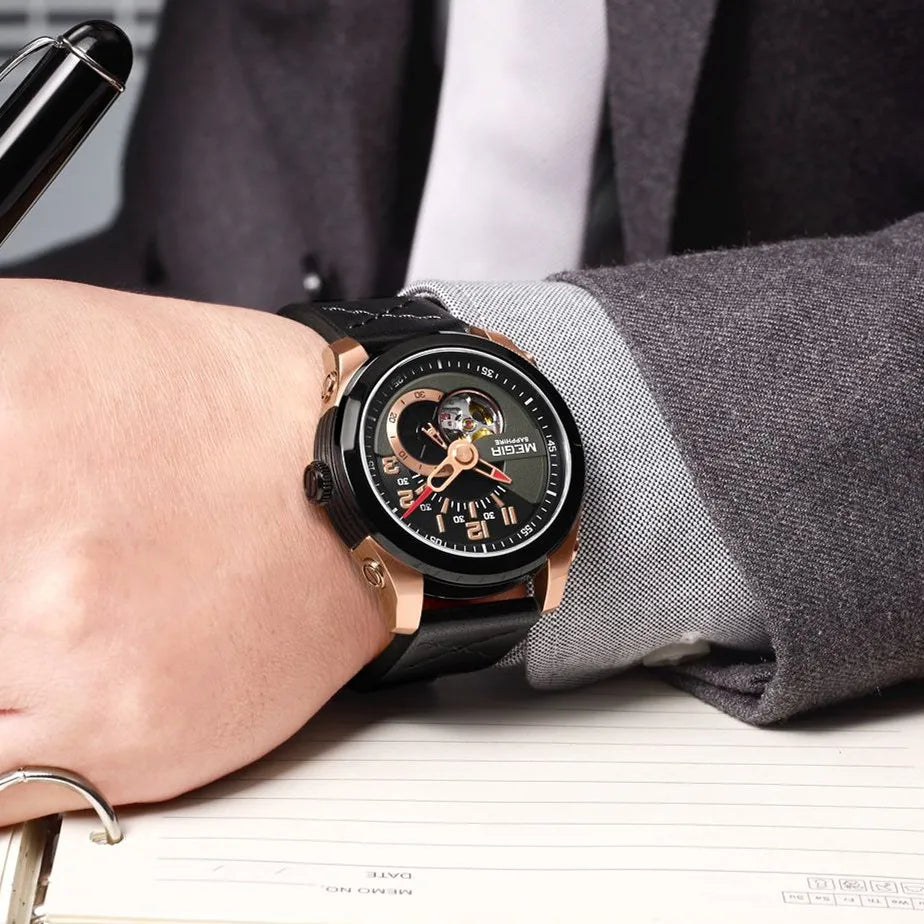 MEGIR 62050 Men Luxury Watches Sport Automatic Movement Mechanical Watch Leather Business Wristwatch Big Dial Relogio Masculino