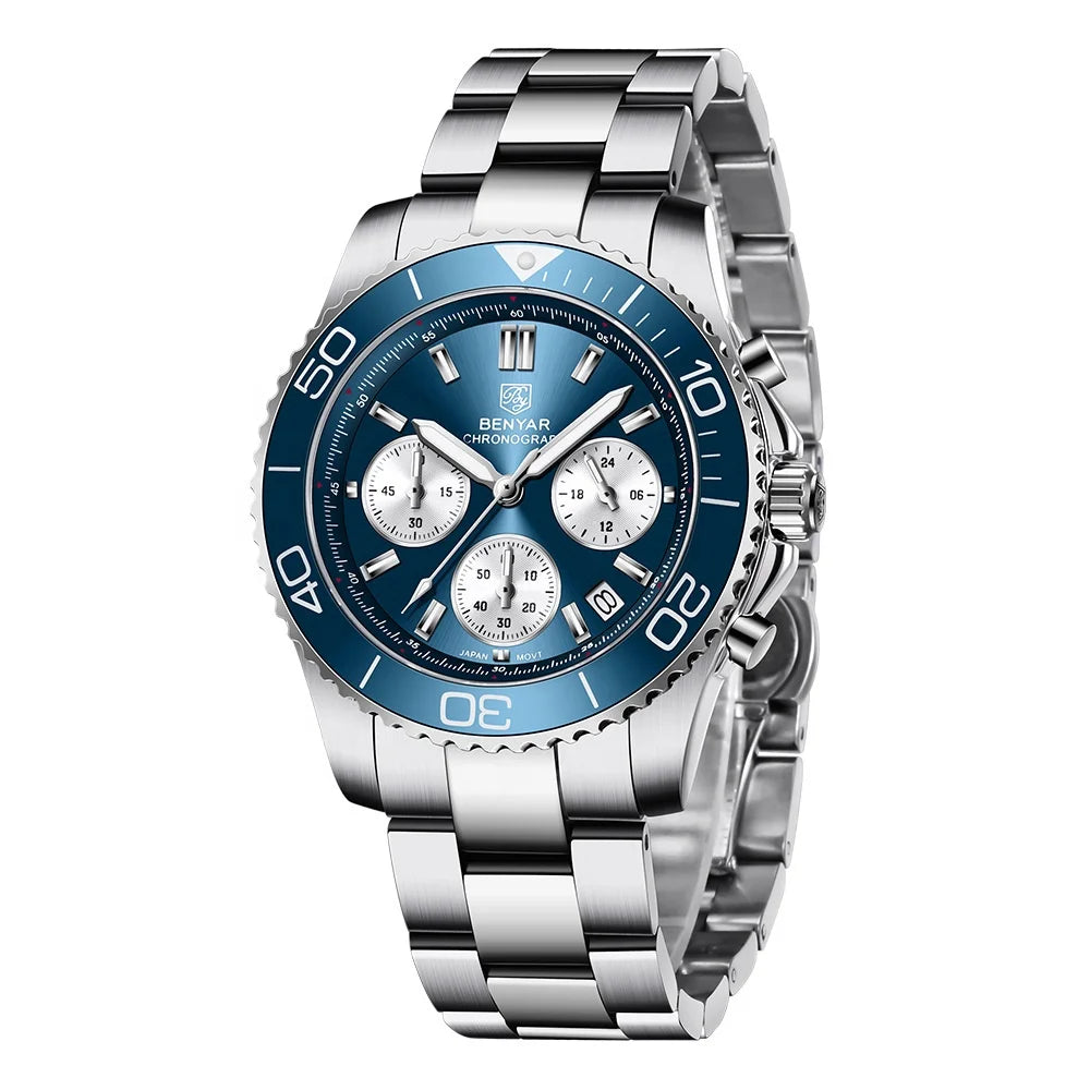 BENYAR S002 Stainless Steel Men Waterproof Wristwatch Japan Chronograph Quartz Benyar Watches Reloj Hombre