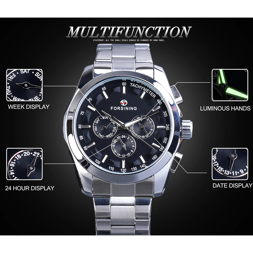 Forsining Men's Automatic Mechanical Watch - Business Black Dial with Calendar & Luminous Hands