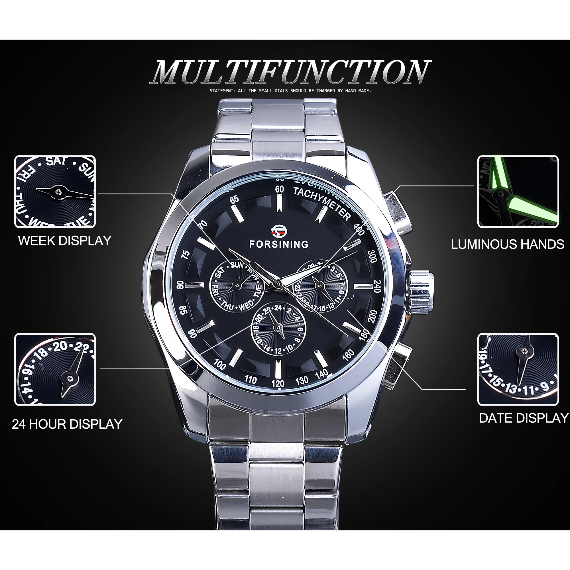 Forsining Men's Automatic Mechanical Watch - Business Black Dial with Calendar & Luminous Hands