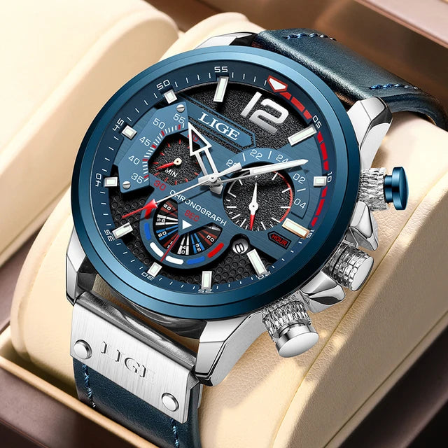 LIGE Mens Watches Big Dial Quartz Wristwatch Business Leather Watch for Men Luminous Waterproof Watch Man Relogio Masculino+Box