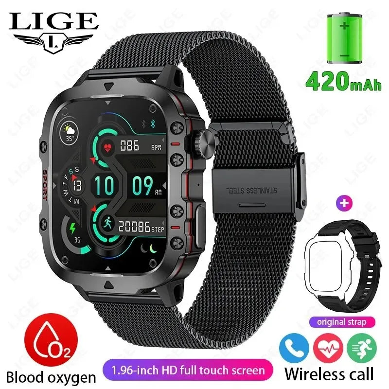 LIGE Sport Smart Watch for Men 1.96 Screen Blood Oxygen Bluetooth Call Watch 100+Sport Waterproof Smartwatch Man Reloj Hombre
