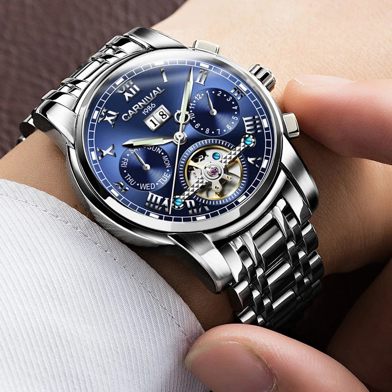Montre Homme CARNIVAL Tourbillon Mechanical Wristwatches Sapphire Calendar Luminous Waterproof Automatic Watches for Man 2025