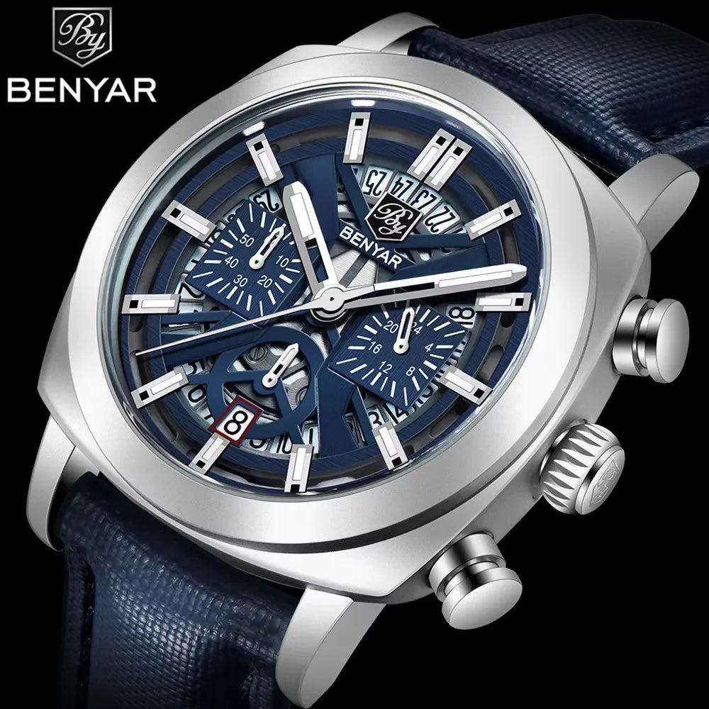 2024 New BENYAR 5205 Mens Watches Top Luxury Quartz Watch for Men Multi-Function Chronograph Sport Waterproof Relogio Masculino