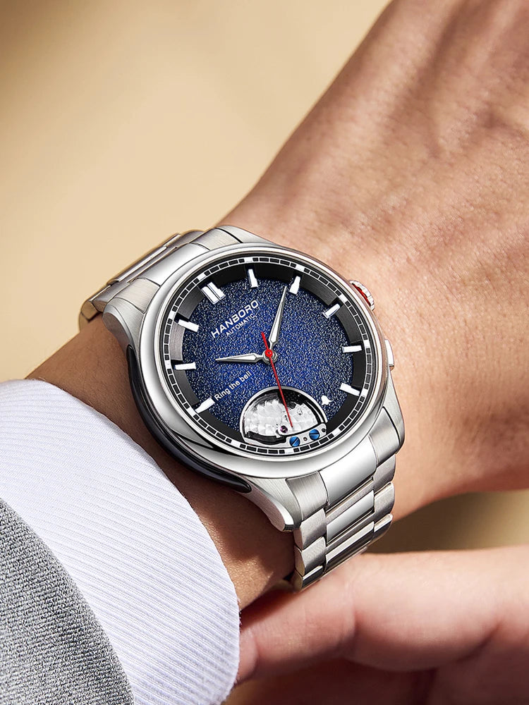 HANBORO Men's Personalized Automatic Mechanical Watch On-Time Alarm Series with Stainless Steel Band
