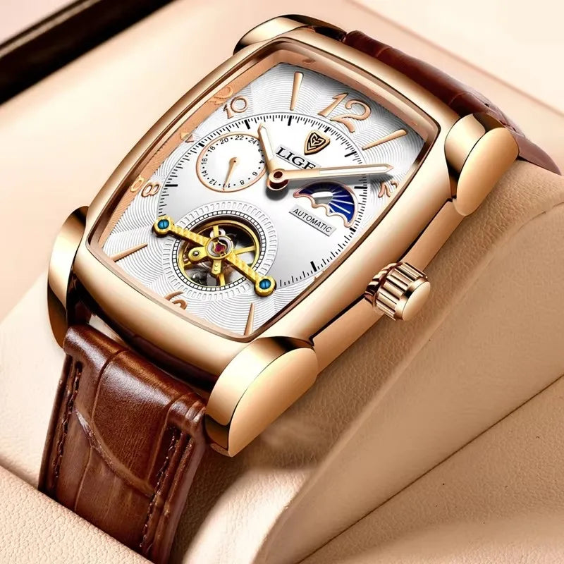 Lige 8949 Watches Square Reloj Montre Watch Automatic Tourbillon Clock Genuine Leather Waterproof Mechanical Wristwatch for Men