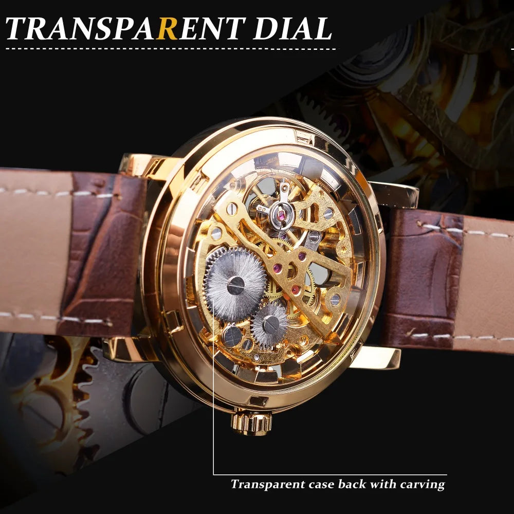 Winner Men's Automatic Watch - Transparent Golden Case Leather Business Sport Timepiece