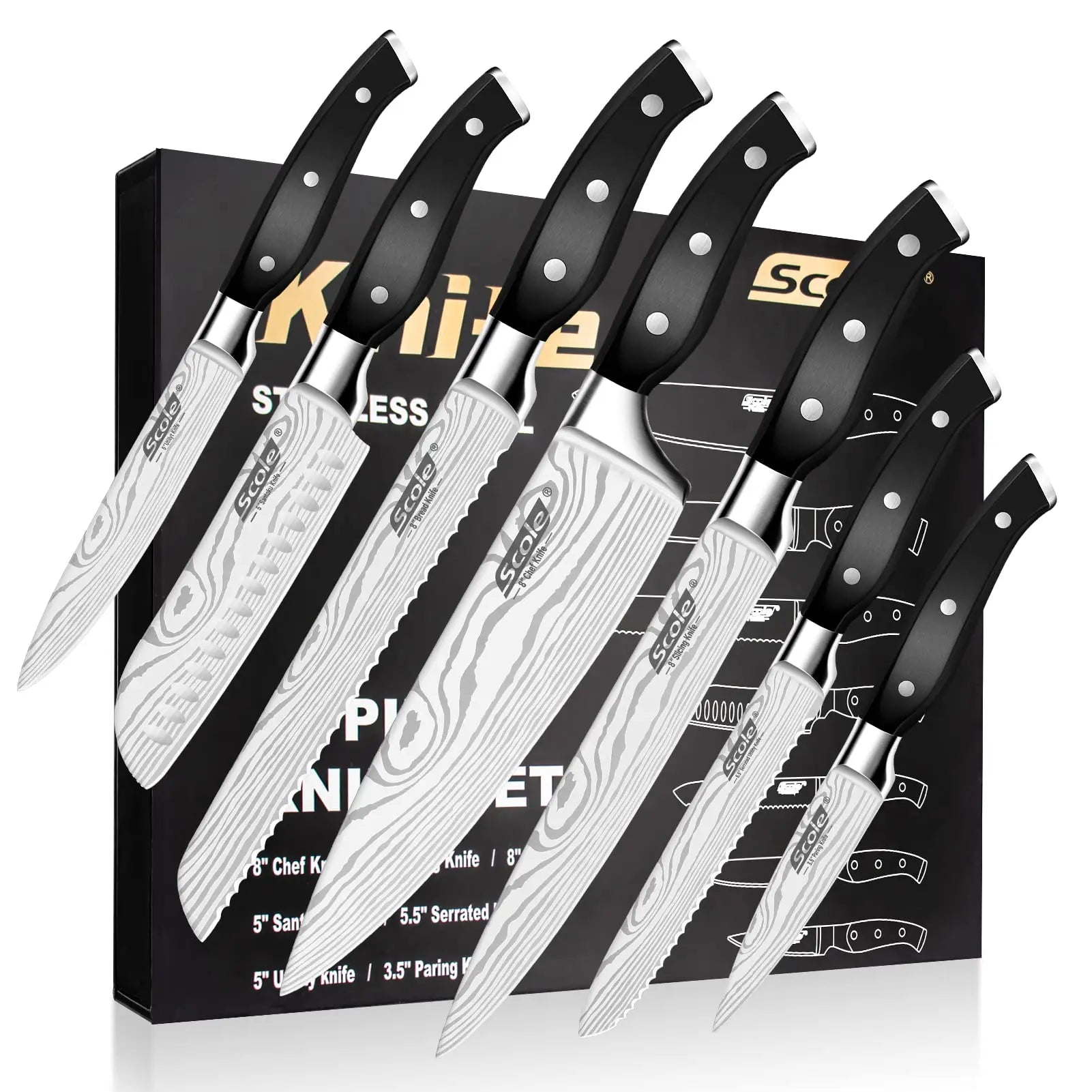 Premium German 1.4116 Stainless Steel Ultra Sharp Kitchen Knife Set 7-Piece with Gift Box