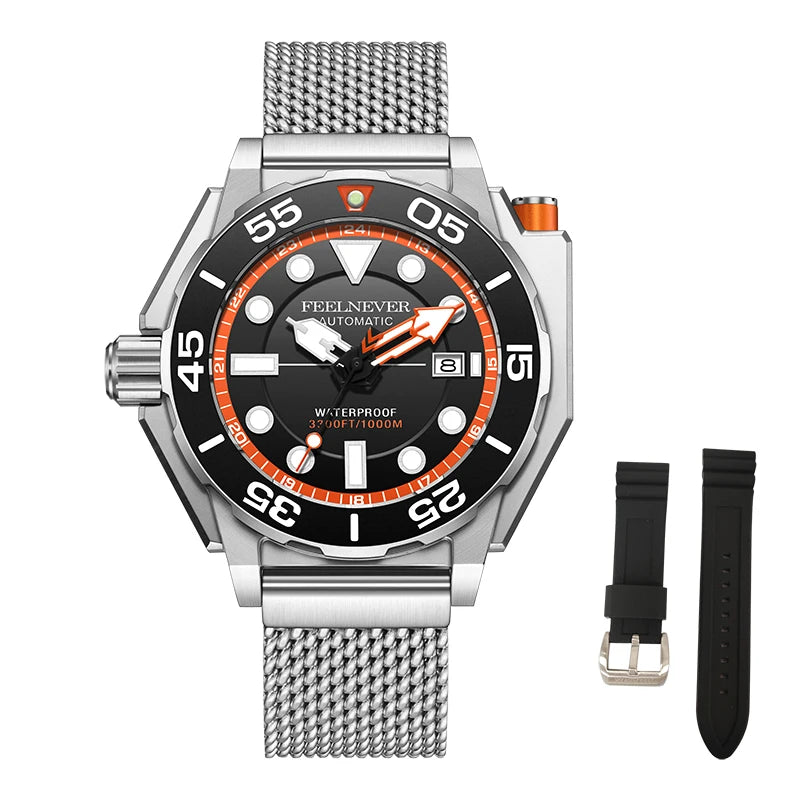 LIGE FN1809 Men's Sport Automatic Mechanical Watch DIVER Series Chronograph Stainless Steel 1000M Waterproof Wristwatch Fashion