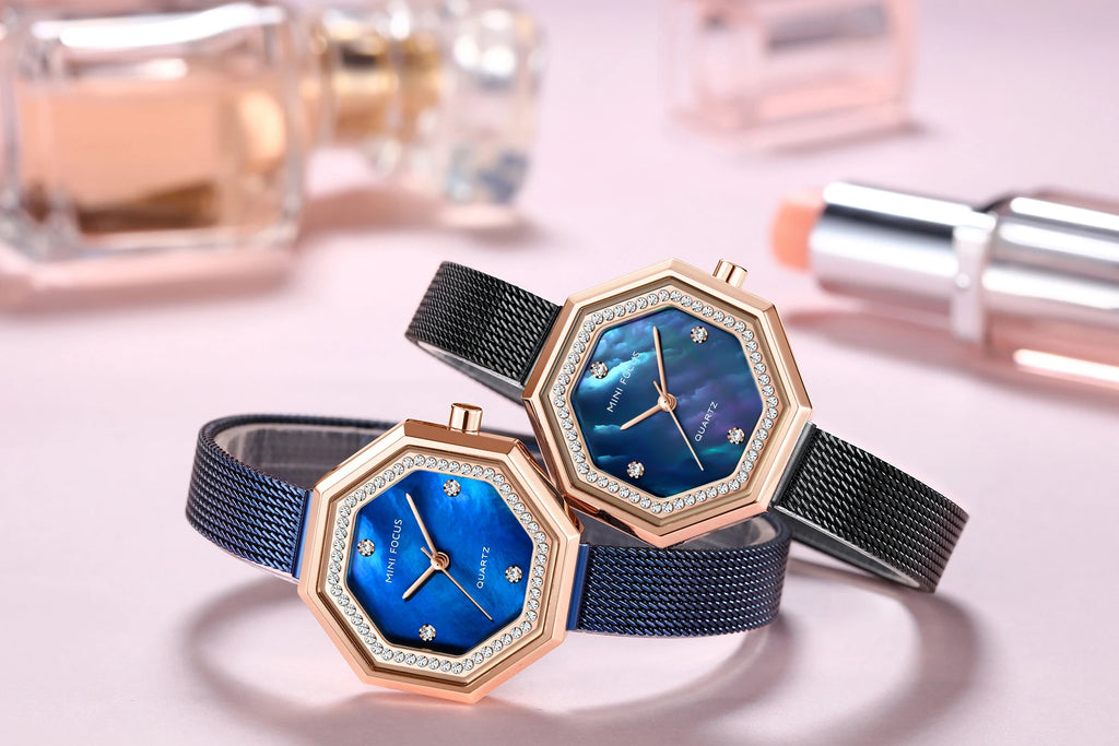 Crystalline Octagon Mesh Watch - Women's Luxury Timepiece