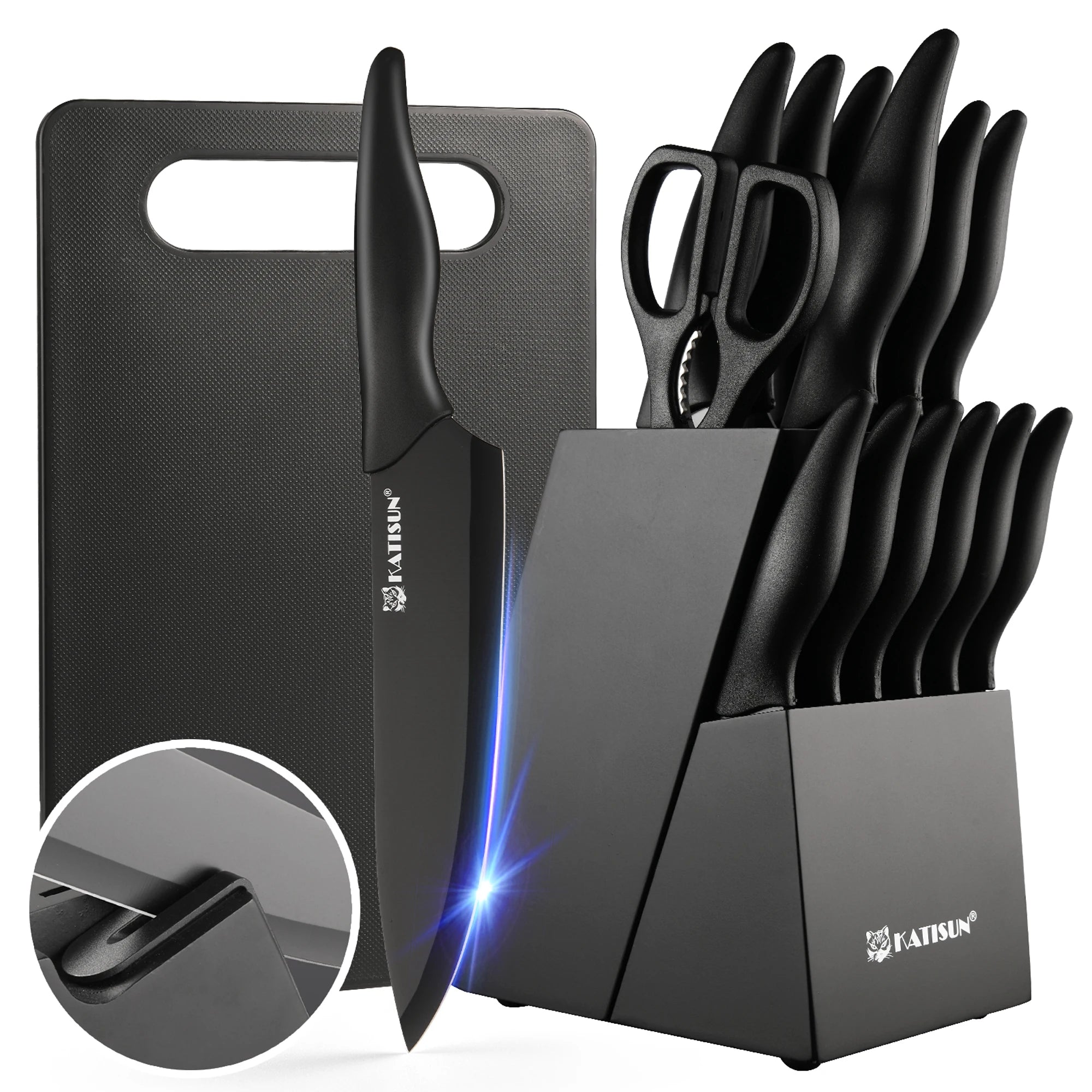 15+1 Pieces Professional Kitchen Knife Set with Plastic Cutting Board and Kitchen Shears and Non-slip PP Handle