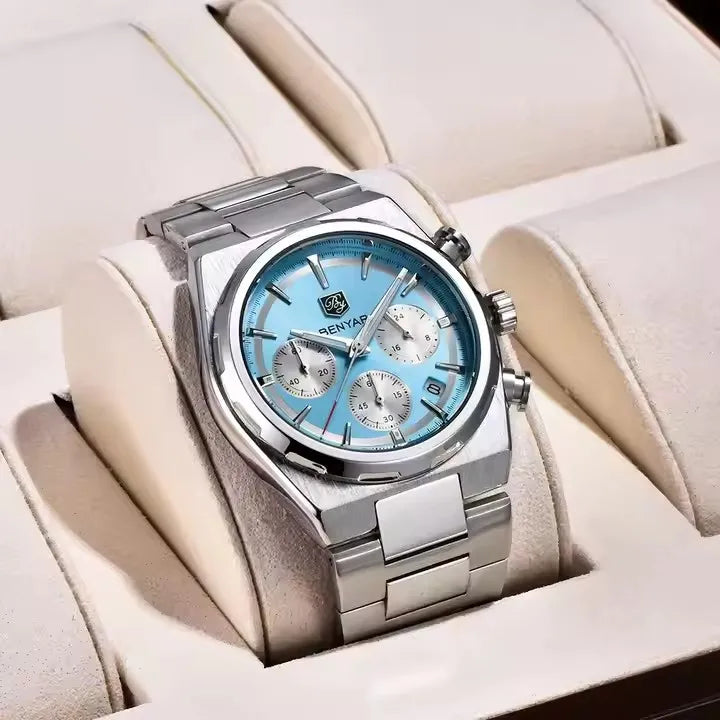 BENYAR 5204 New 40MM Multi Time Zone Three Eye Timing Luxury Men's Quartz Watches Stainless Steel Watch for Men Chronograph
