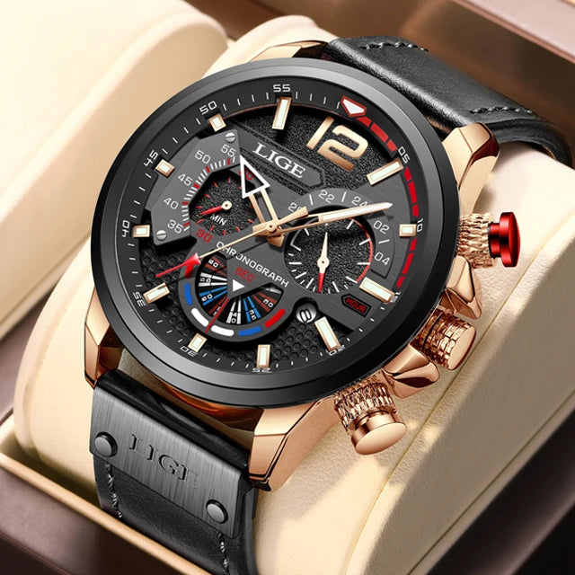 LIGE Mens Watches Big Dial Quartz Wristwatch Business Leather Watch for Men Luminous Waterproof Watch Man Relogio Masculino+Box