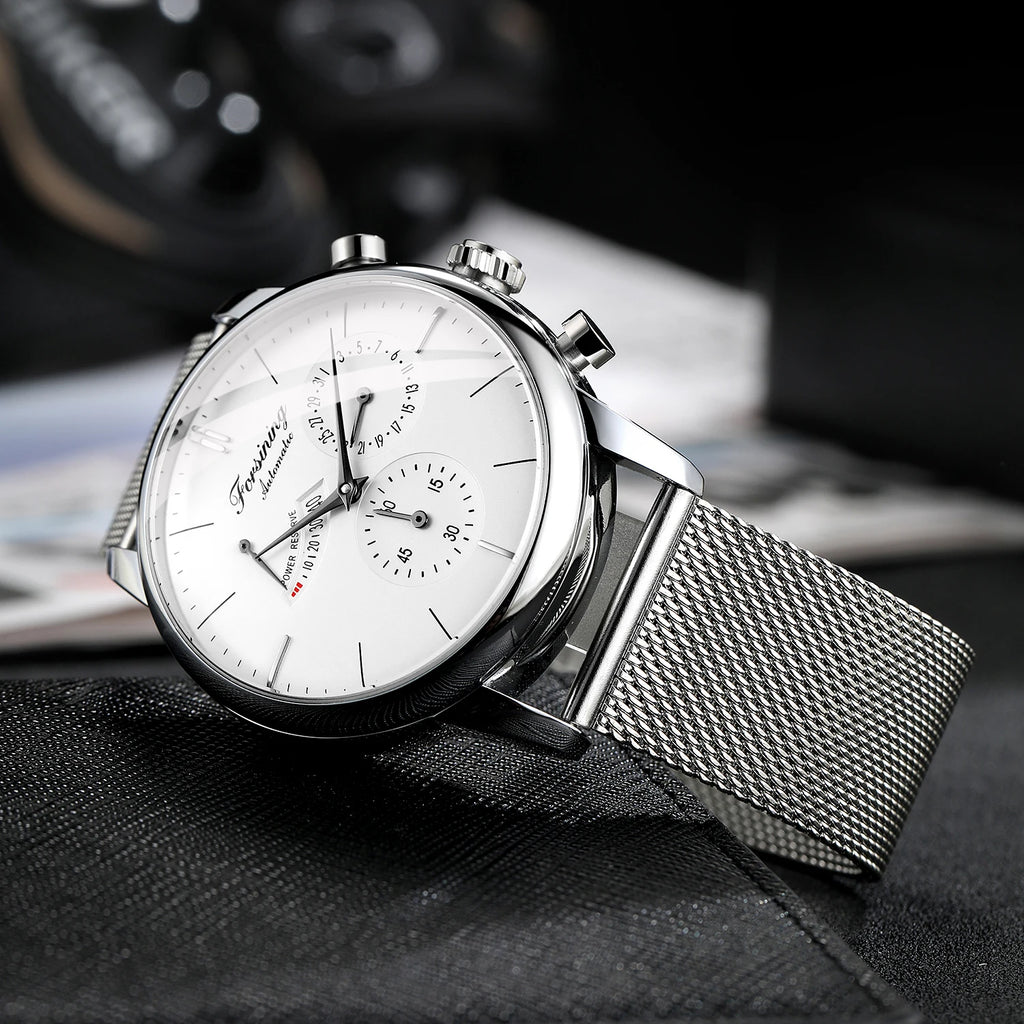 Power Reserve Automatic Watch - White Dial Mesh Band