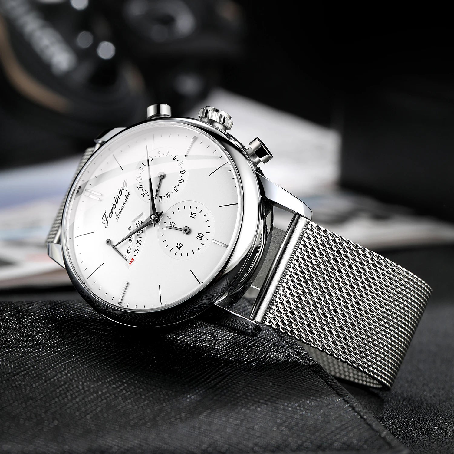 Power Reserve Automatic Watch - White Dial Mesh Band