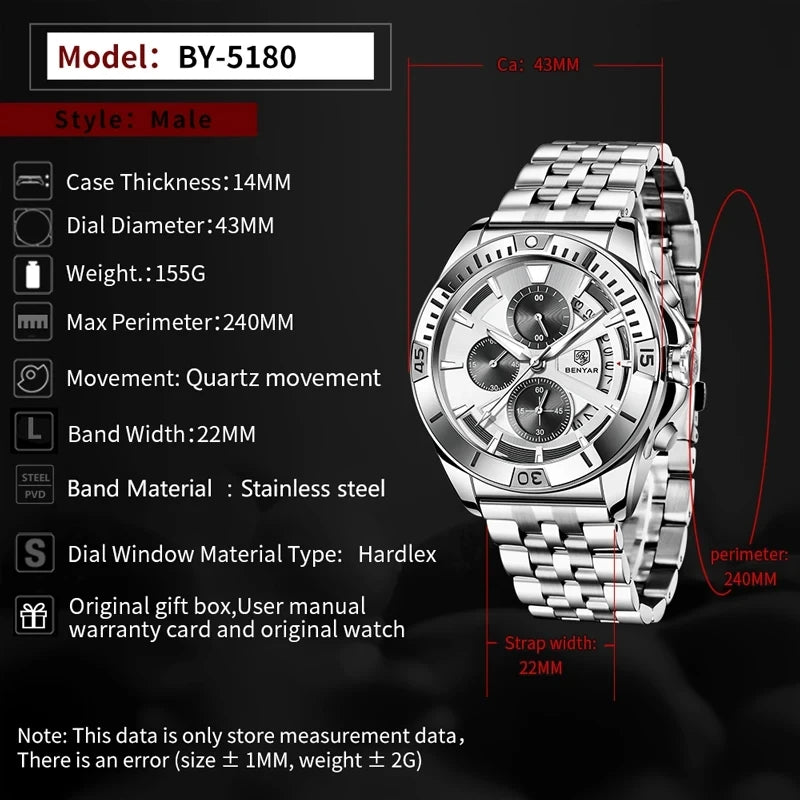 BENYAR 5180 5180M Quartz Watch Fashion Stainless Steel Luxury Casual Chronograph Male Wristwatch for Men Clock Reloj Hombre