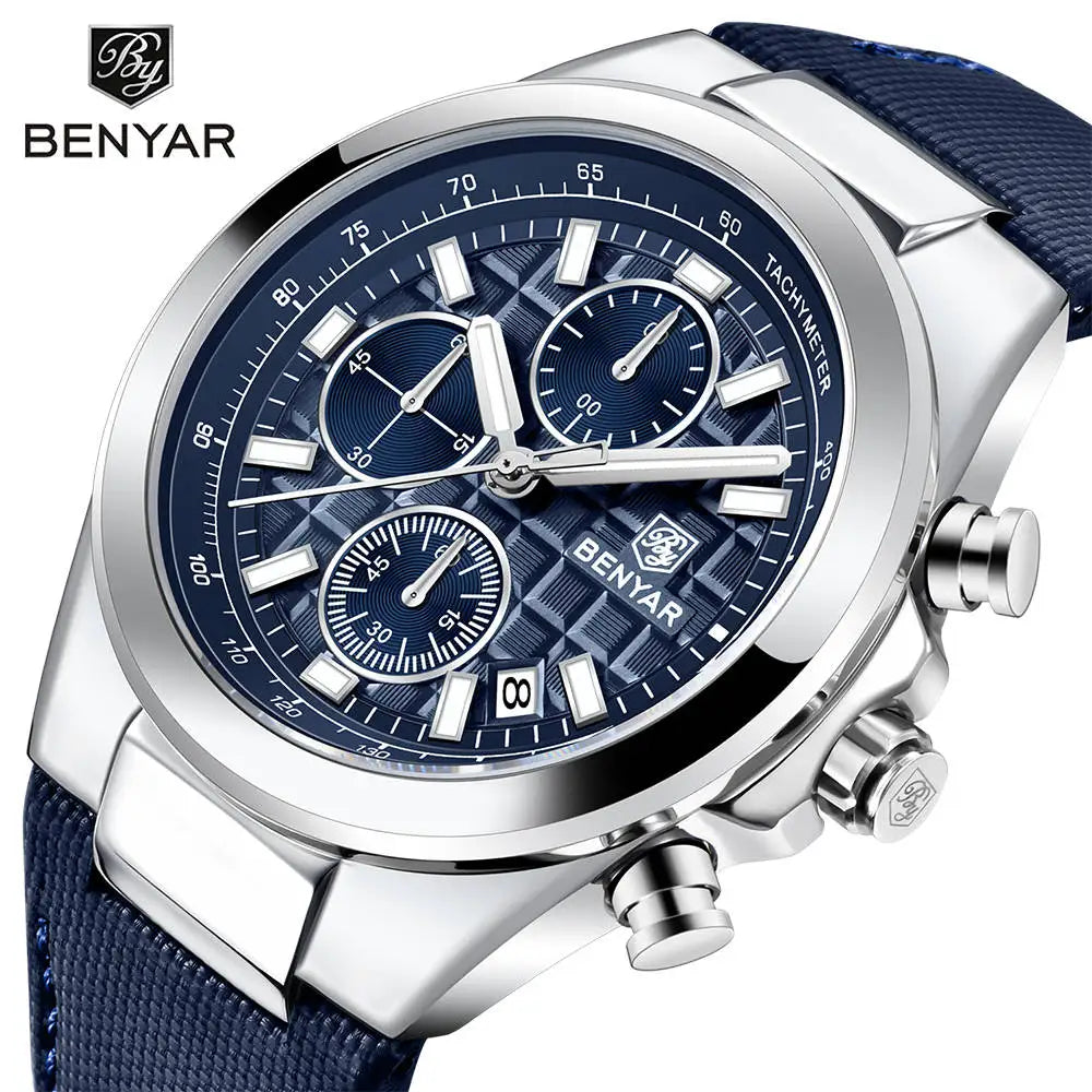 BENYAR Brand Men's 5206M Watches Top Luxury Watch for Men Chronograph Quartz Wristwatch Clock Waterproof Leather Reloj Hombr