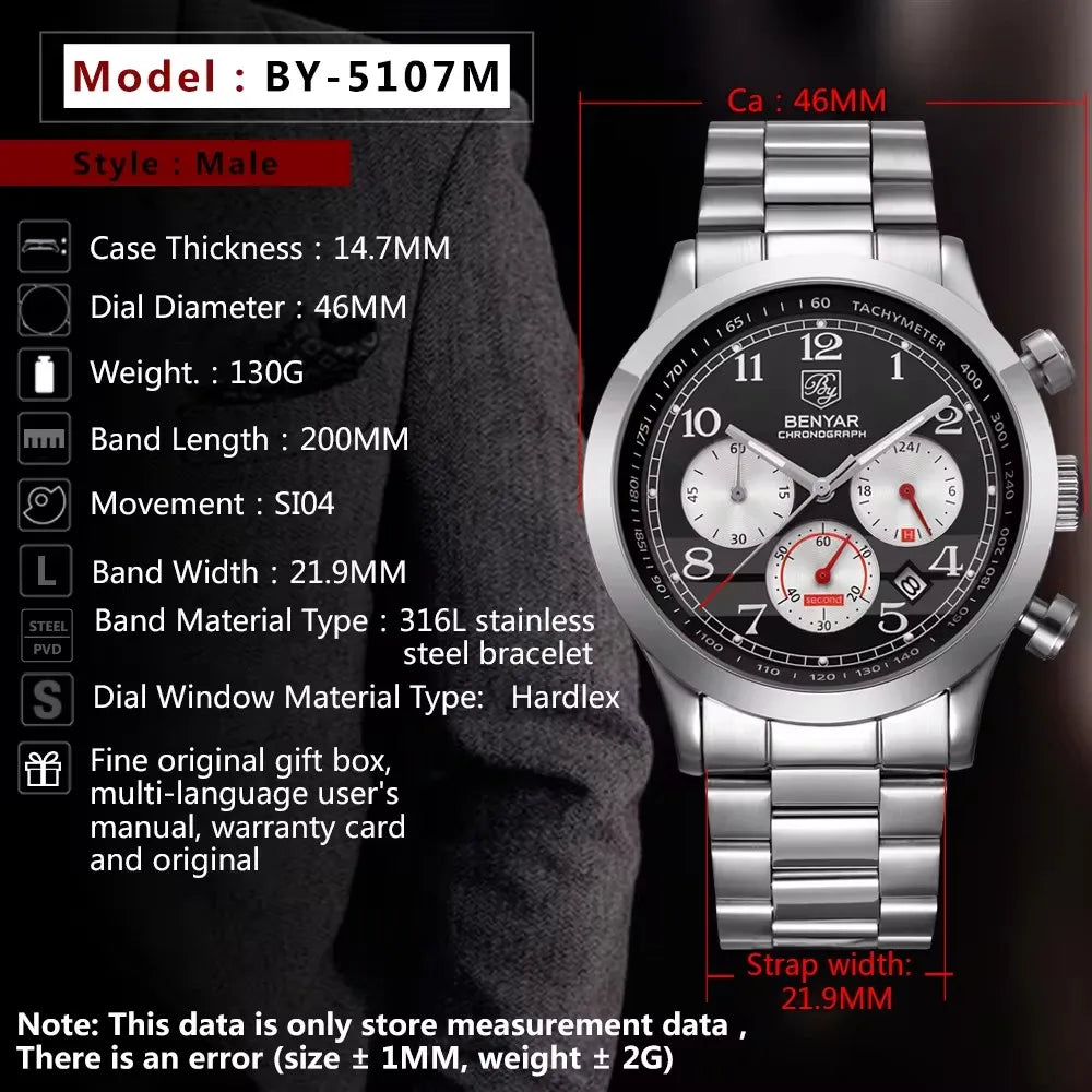 Benyar 5107 Luxury Quality Watches Alloy Analog Chronograph Men's Fashion Jewelry Watches