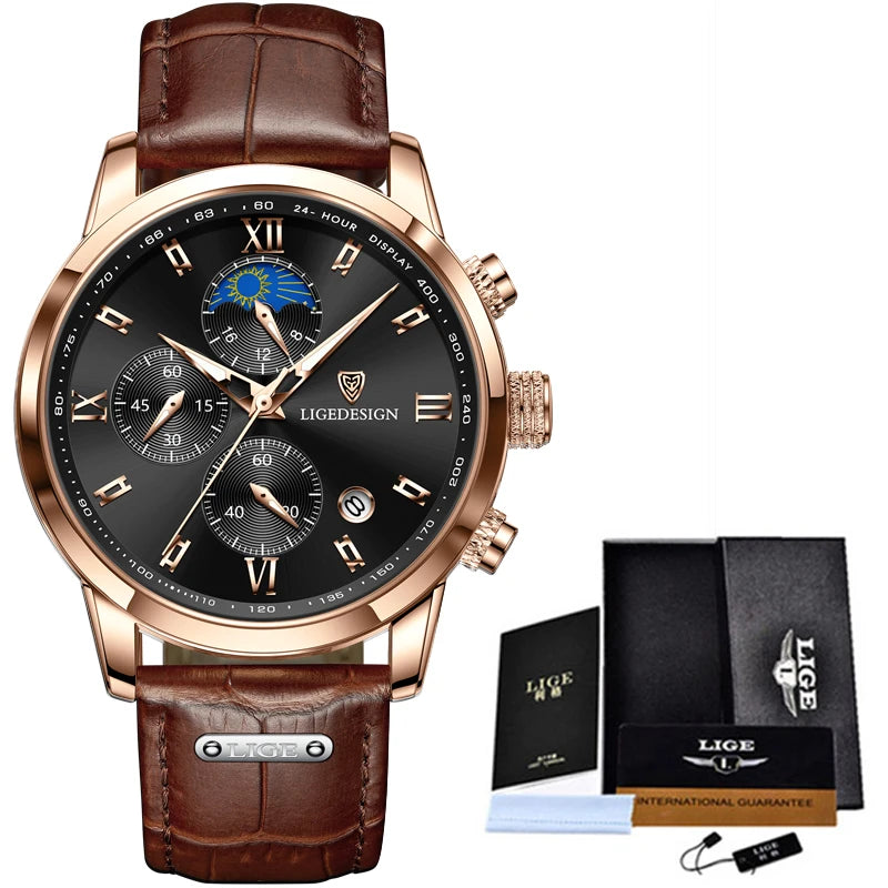LIGE New 24 hour Moon Phase Watch Men Fashion Army Military Quartz Men Watch Leather Waterproof Sports Chronograph Reloj Hombre