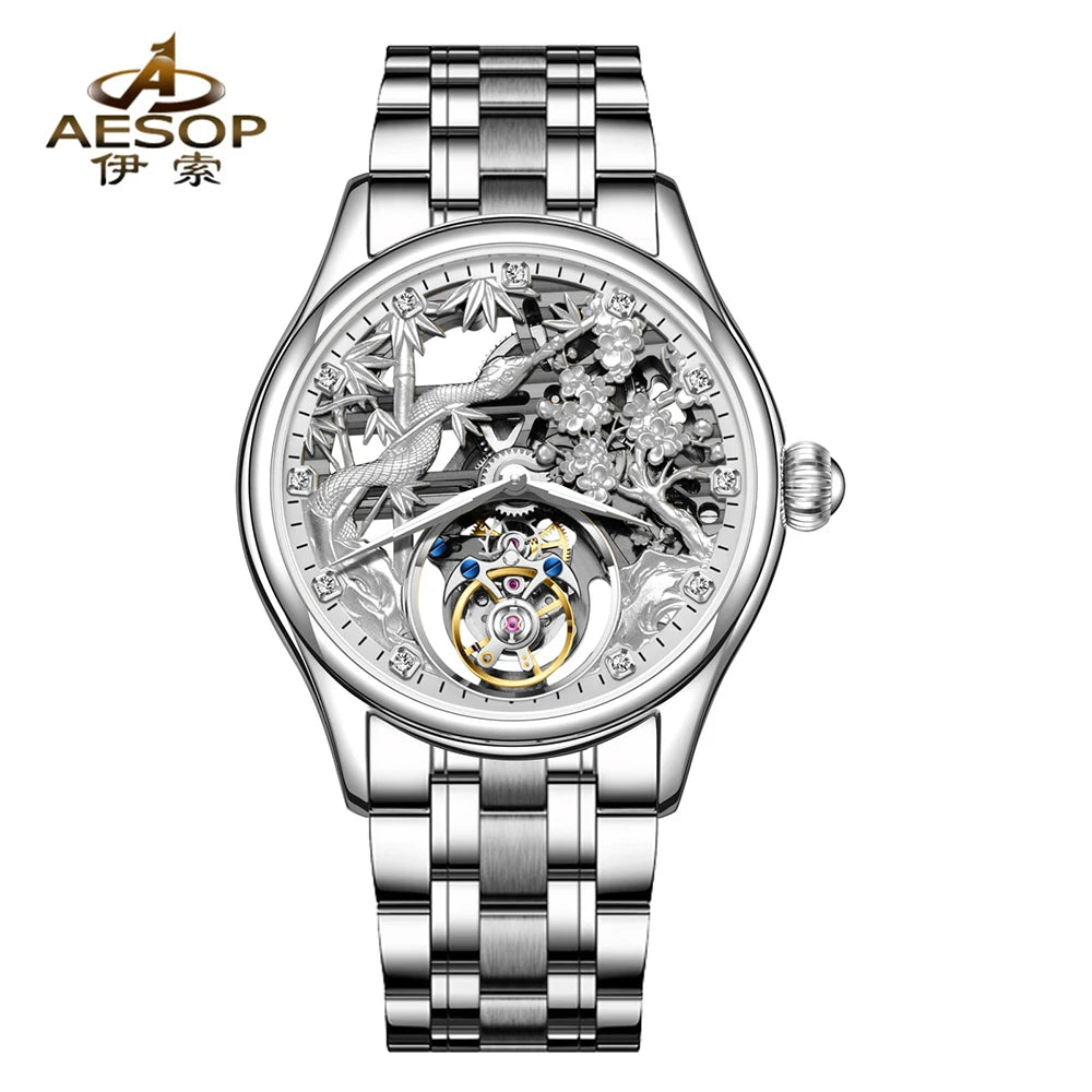 Relojes Hombre Aesop 7073G Stainless Steel Luxury Men Automatic Mechanical Watch Hollow Skeleton Tourbillon Watches