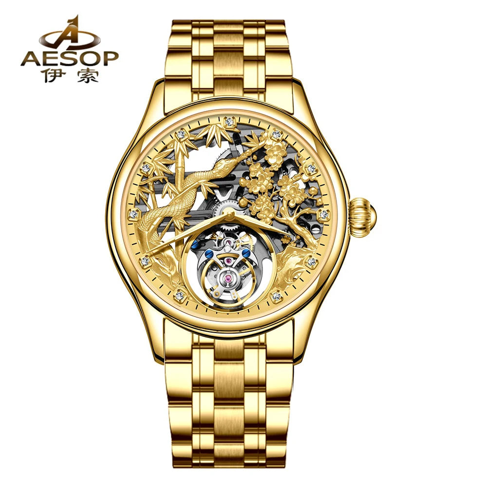 Relojes Hombre Aesop 7073G Stainless Steel Luxury Men Automatic Mechanical Watch Hollow Skeleton Tourbillon Watches