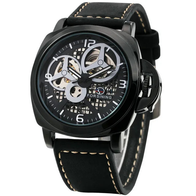 FORSINING Fashion Men Auto Mechanical Watch Brown Leather Strap Luxury Skeleton Dial 3D Index Design Top Brand Wrist Watches
