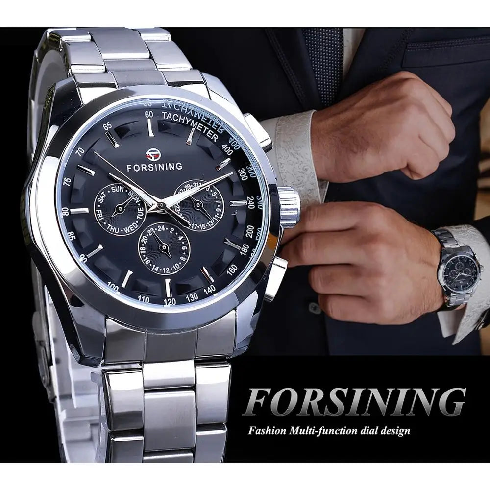 Forsining Men's Automatic Mechanical Watch - Business Black Dial with Calendar & Luminous Hands