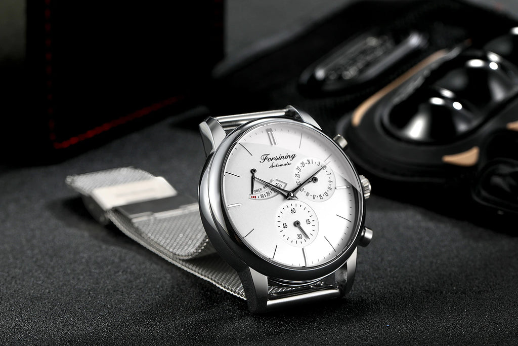 Power Reserve Automatic Watch - White Dial Mesh Band