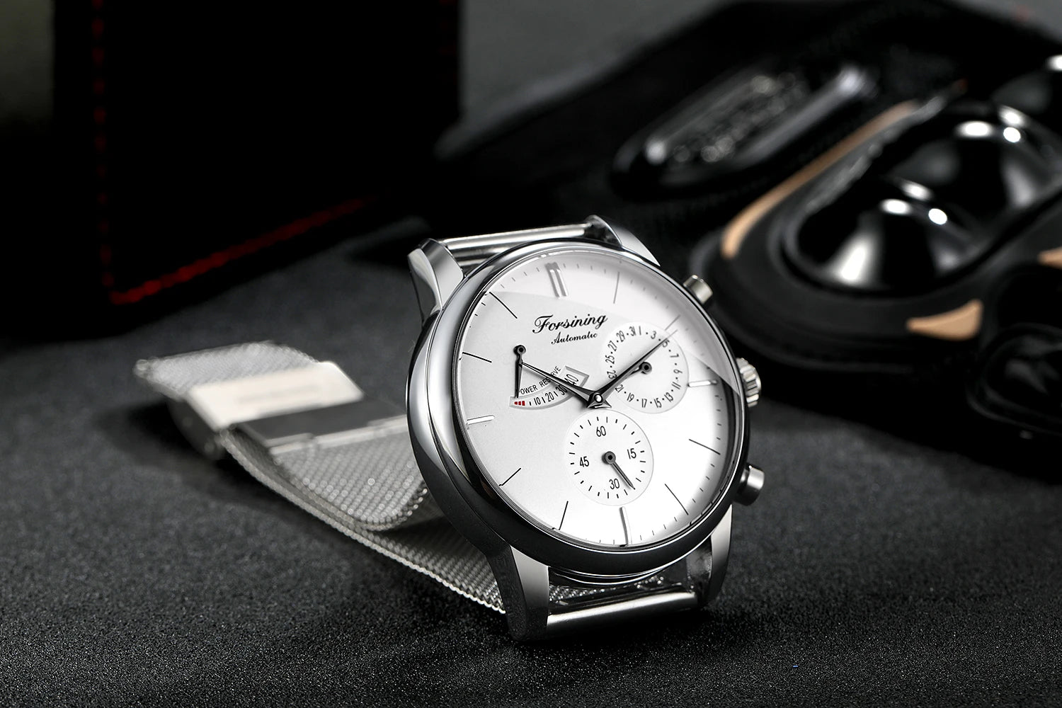 Power Reserve Automatic Watch - White Dial Mesh Band