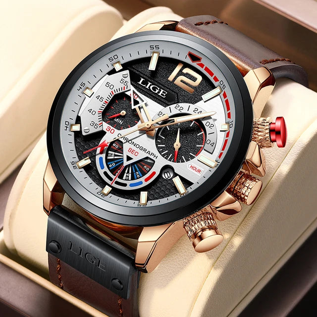 LIGE Mens Watches Big Dial Quartz Wristwatch Business Leather Watch for Men Luminous Waterproof Watch Man Relogio Masculino+Box
