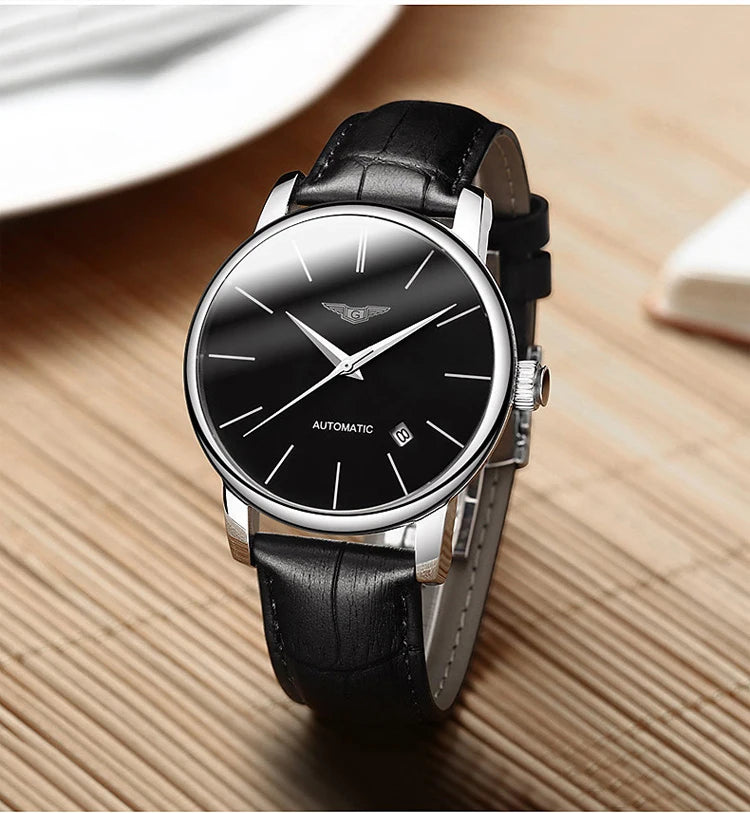 Ultra-Thin Automatic Business Watch - Genuine Leather Waterproof Minimalist Timepiece
