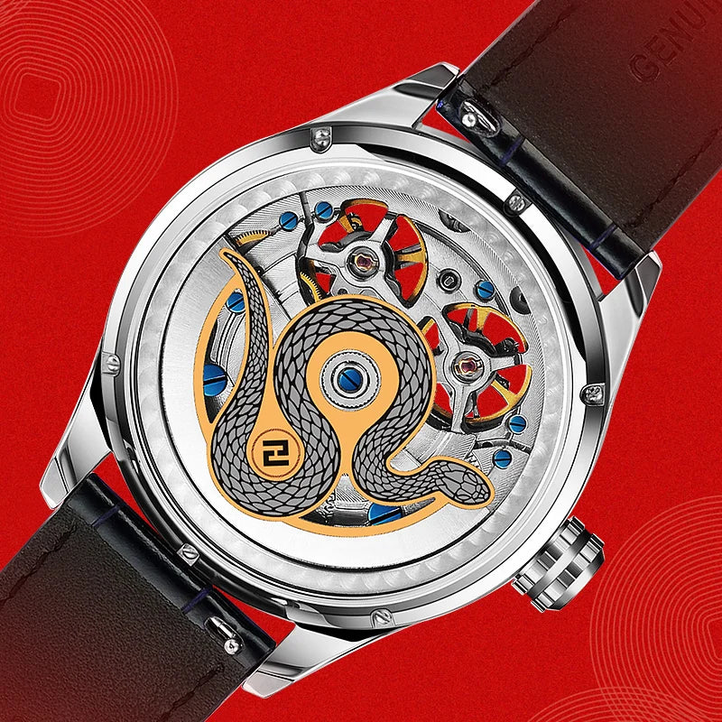 HANBORO Automatic Men's Skeletonized Design Mechanical Watch 22mm Band Width Glass Dial Window Display Double Flywheel