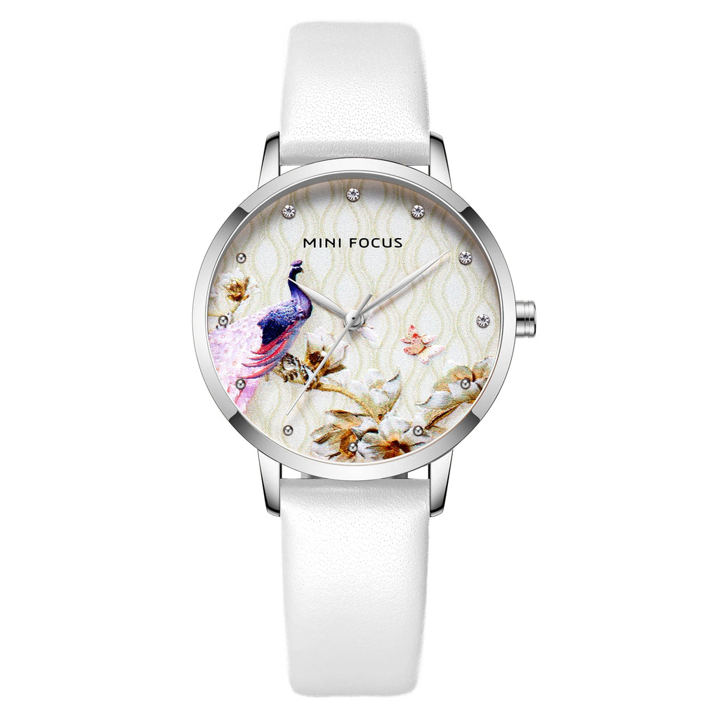 Peacock Elegance - Women's Luxury Leather Watch with Artistic Dial