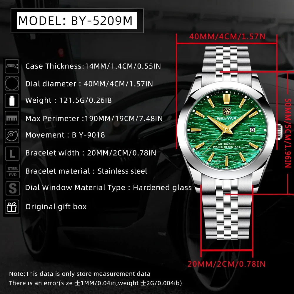 Luxury Fashion Brand BENYAR 2024 New 40MM Men's Mechanical Watch 50M Waterproof Automatic Diving Watch Men's Steel Watch 5209