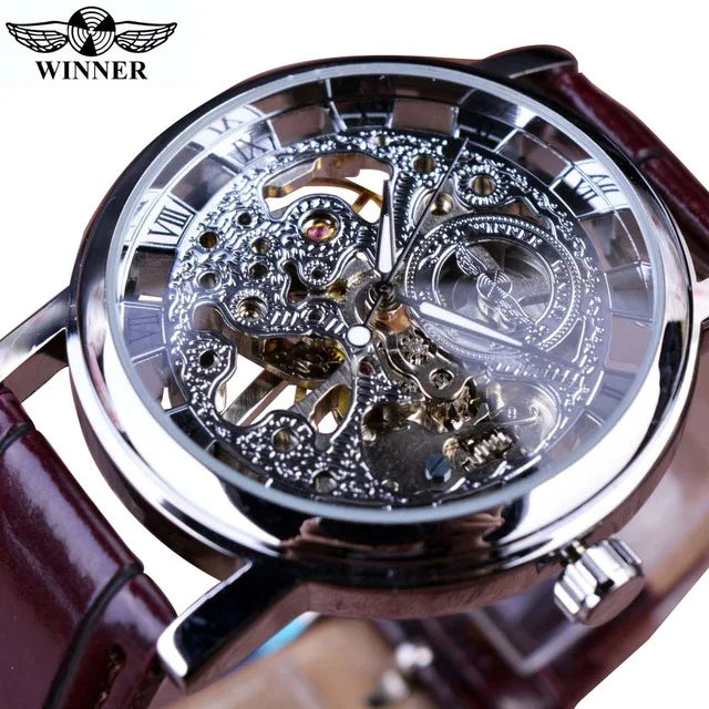 Winner Men's Automatic Watch - Transparent Golden Case Leather Business Sport Timepiece