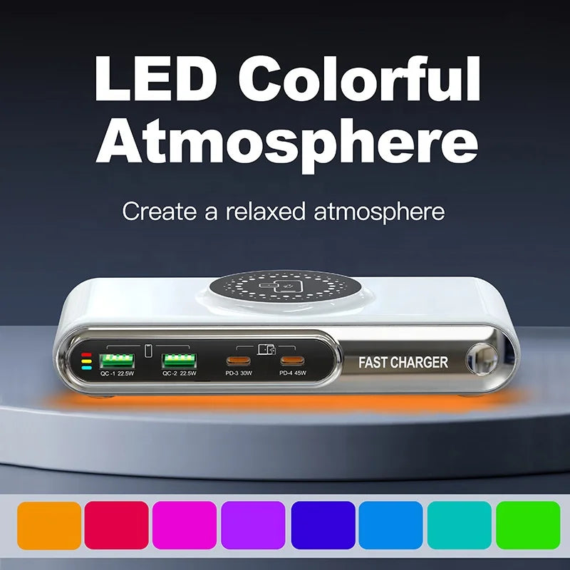Customized Brand 6 in 1 Wireless Charger Charging Station Fast LED Light Charging Stand for Phone Smart Watch Earphone