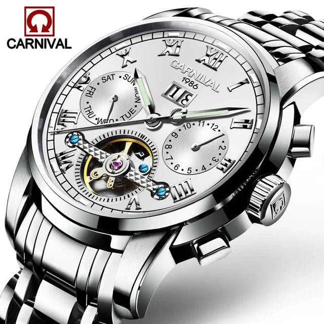 Montre Homme CARNIVAL Tourbillon Mechanical Wristwatches Sapphire Calendar Luminous Waterproof Automatic Watches for Man 2025