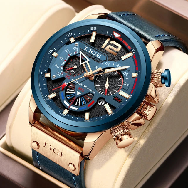 LIGE Mens Watches Big Dial Quartz Wristwatch Business Leather Watch for Men Luminous Waterproof Watch Man Relogio Masculino+Box