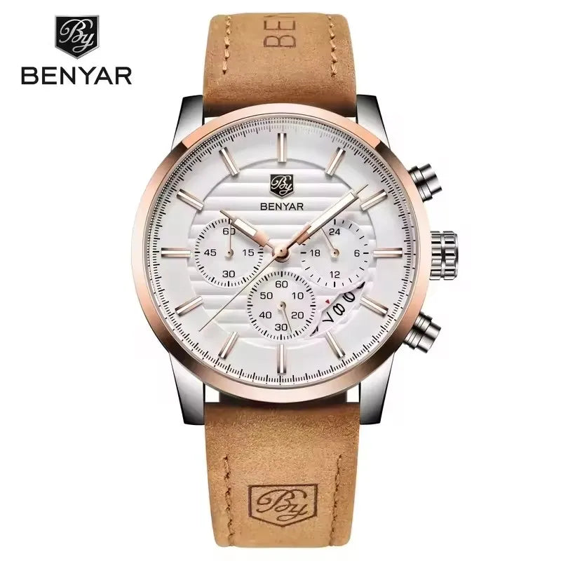BENYAR 5104 Top Brand Casual Fashion Men Quartz Watch Luxury Leather Strap