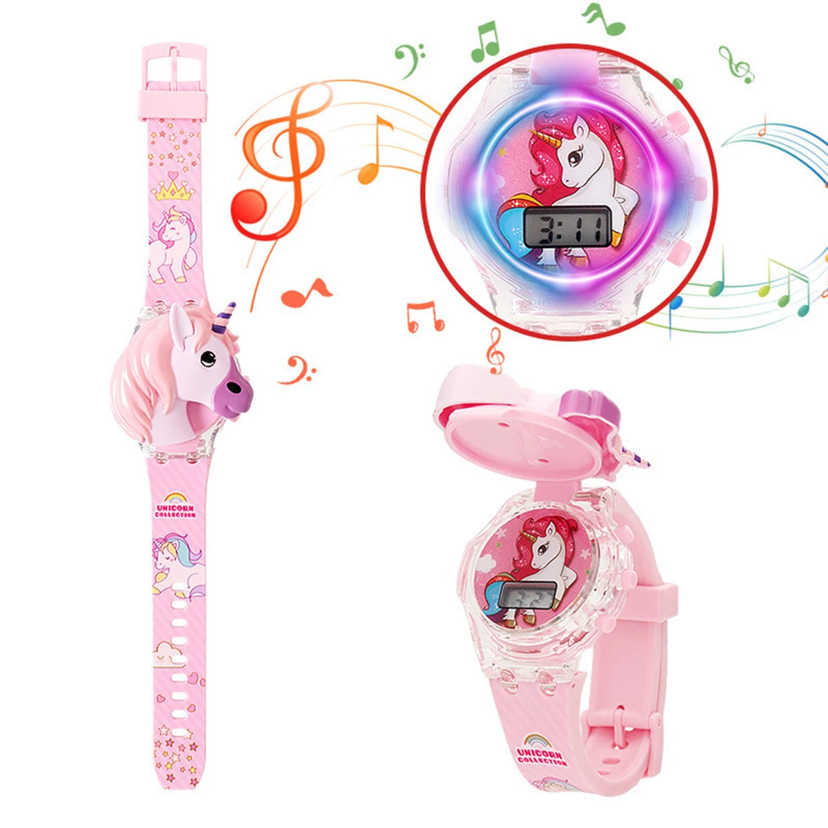 USA Stock Hot Sell Kids Watches Rotatable Clamshell Music Lights Sounds Rainbow Watchband Digital Electronic 7-9 Days Delivery