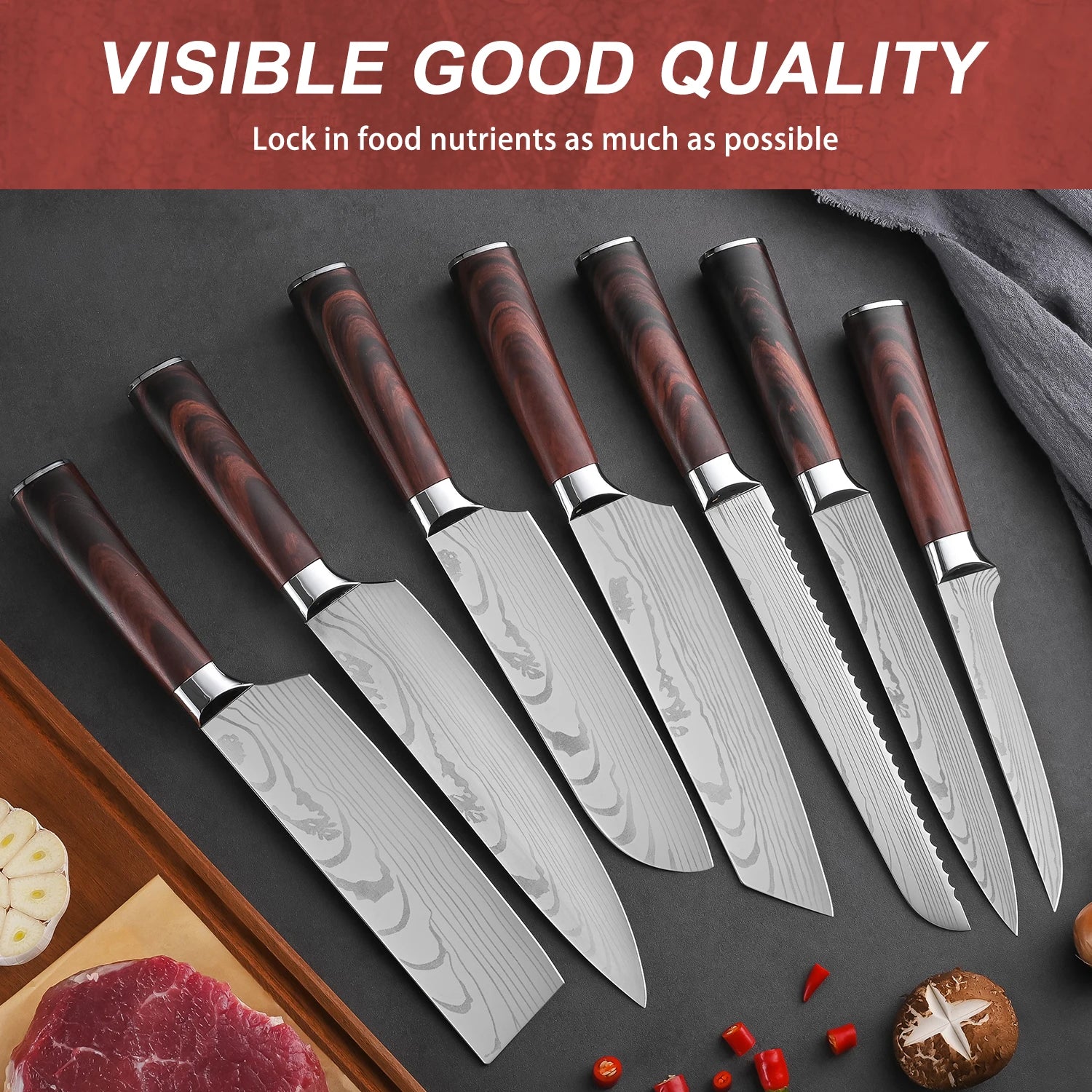 Best Product Super Sharp Stainless Steels 7 Pieces Meat Cleaver Chef Santoku Knife Japanese Kitchen Knife Set