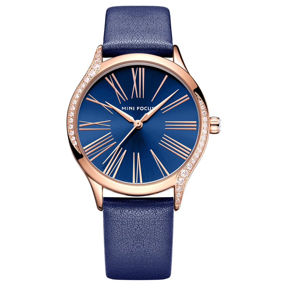Diamond Grace - Women's Leather Strap Watch with Crystal Case