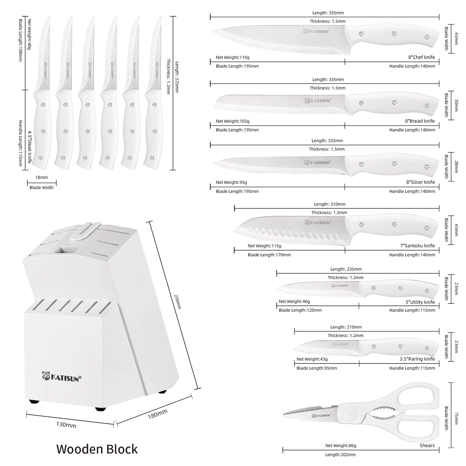 15 Pieces White Carbon Steel Blade Kitchen Knife Set with Real Wooden Stand, Inner Sharpener, and Kitchen Scissors