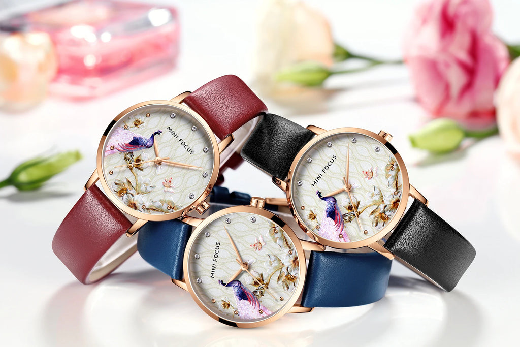 Peacock Elegance - Women's Luxury Leather Watch with Artistic Dial