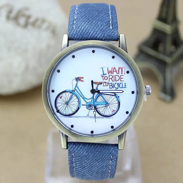 New Fashion Men bicycle Watch Women Jean Fabric Leather Strap Dress Watches Relogio Feminino Ladies Casual Quartz Watch Hot Hour