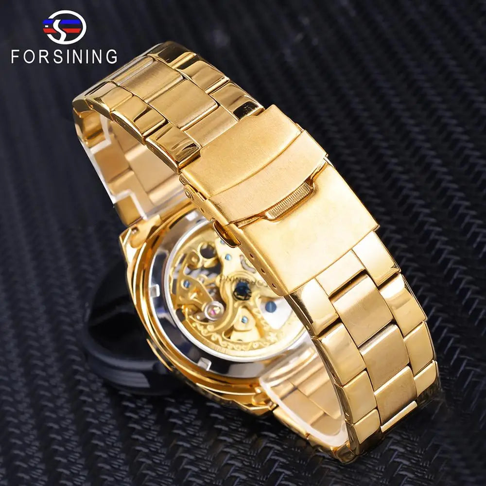 Forsining Men's Automatic Mechanical Watch - Luxury Golden Skeleton Dial with Luminous Hands