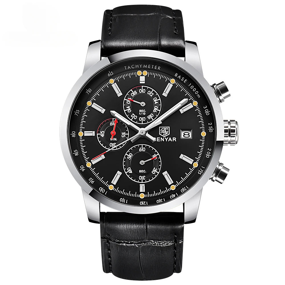 Benyar 5102 Men's Watches Waterproof Leather Strap Watches Men's Chronographs Top Brand Hot Quartz Watches
