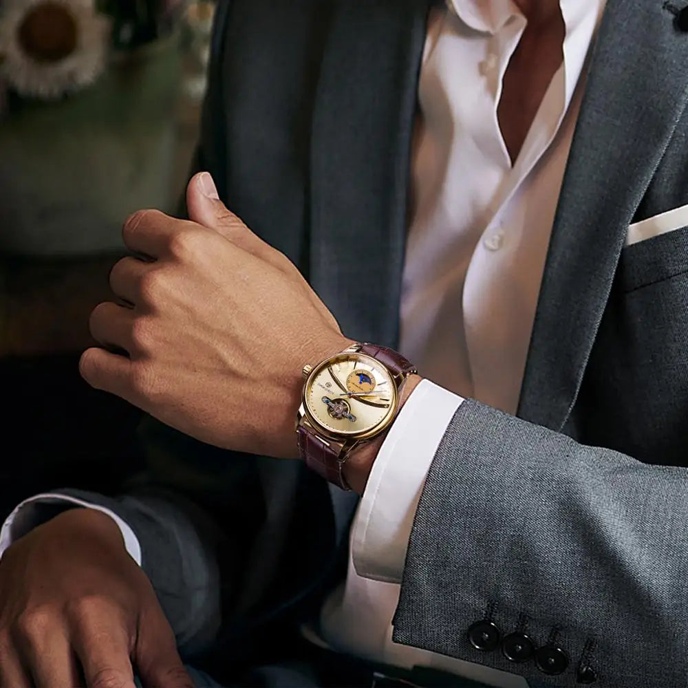 Forsining Moon Phase Automatic Watch Royal Men's Golden Mechanical Wristwatches Casual Genuine Leather Tourbillon Business Clock